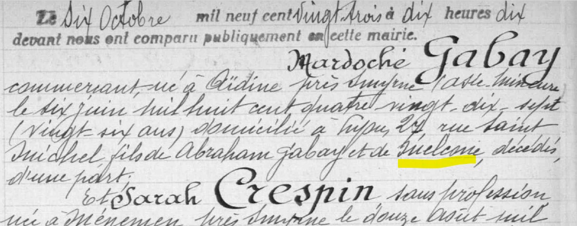 Mariage Gabay et Crespin 1923