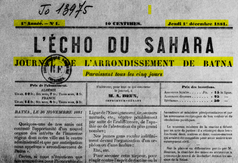 1er Numéro de l'Écho du Sahara